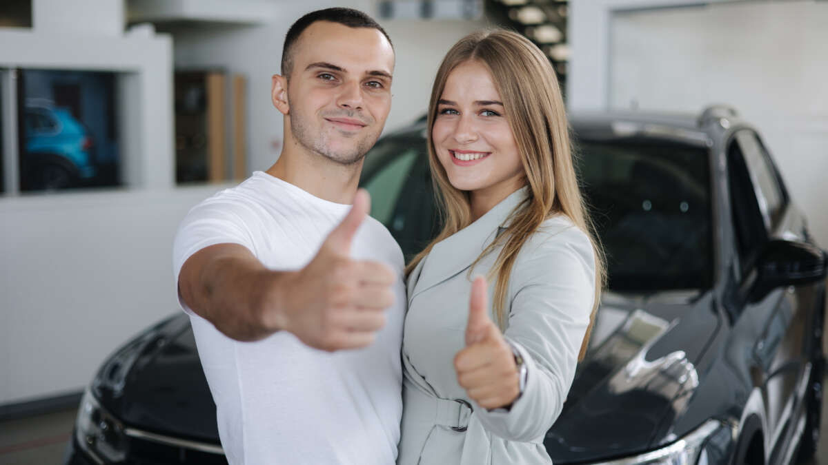 portrait beautiful young couple happy after buying new car from car showroom woman hus her man 1